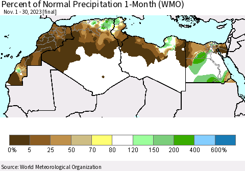 North Africa Percent of Normal Precipitation 1-Month (WMO) Thematic Map For 11/1/2023 - 11/30/2023