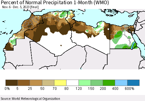 North Africa Percent of Normal Precipitation 1-Month (WMO) Thematic Map For 11/6/2023 - 12/5/2023