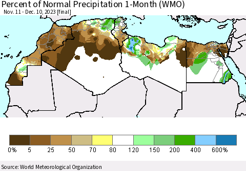 North Africa Percent of Normal Precipitation 1-Month (WMO) Thematic Map For 11/11/2023 - 12/10/2023