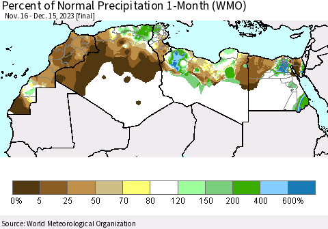 North Africa Percent of Normal Precipitation 1-Month (WMO) Thematic Map For 11/16/2023 - 12/15/2023