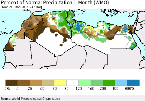 North Africa Percent of Normal Precipitation 1-Month (WMO) Thematic Map For 11/21/2023 - 12/20/2023