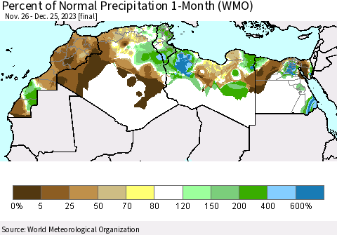North Africa Percent of Normal Precipitation 1-Month (WMO) Thematic Map For 11/26/2023 - 12/25/2023