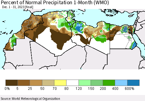 North Africa Percent of Normal Precipitation 1-Month (WMO) Thematic Map For 12/1/2023 - 12/31/2023