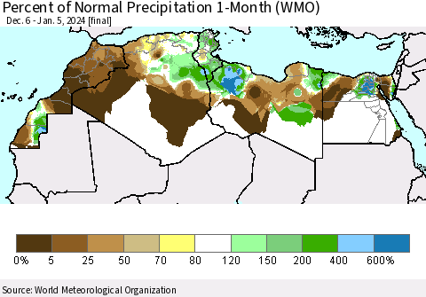 North Africa Percent of Normal Precipitation 1-Month (WMO) Thematic Map For 12/6/2023 - 1/5/2024