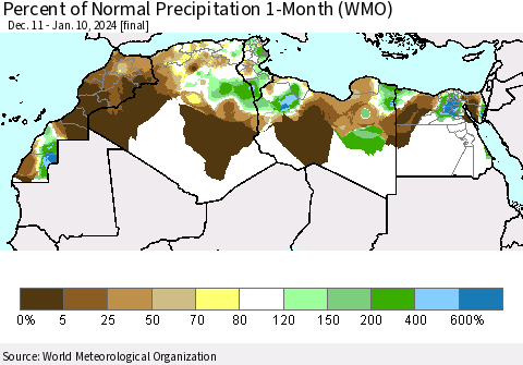North Africa Percent of Normal Precipitation 1-Month (WMO) Thematic Map For 12/11/2023 - 1/10/2024