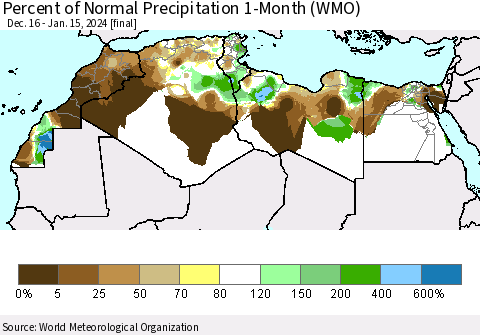 North Africa Percent of Normal Precipitation 1-Month (WMO) Thematic Map For 12/16/2023 - 1/15/2024