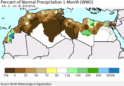 North Africa Percent of Normal Precipitation 1-Month (WMO) Thematic Map For 12/21/2023 - 1/20/2024
