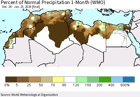 North Africa Percent of Normal Precipitation 1-Month (WMO) Thematic Map For 12/26/2023 - 1/25/2024