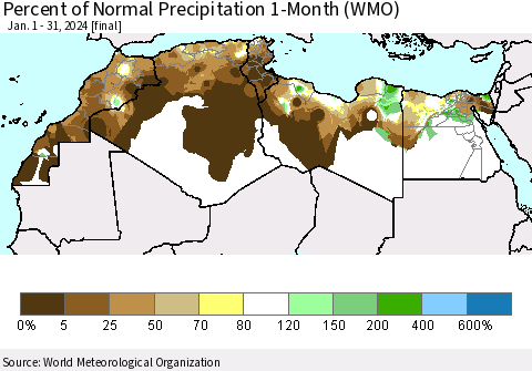 North Africa Percent of Normal Precipitation 1-Month (WMO) Thematic Map For 1/1/2024 - 1/31/2024