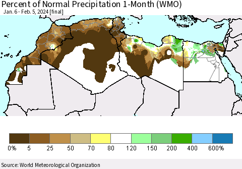 North Africa Percent of Normal Precipitation 1-Month (WMO) Thematic Map For 1/6/2024 - 2/5/2024