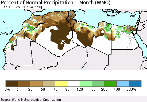 North Africa Percent of Normal Precipitation 1-Month (WMO) Thematic Map For 1/11/2024 - 2/10/2024