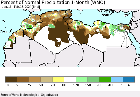 North Africa Percent of Normal Precipitation 1-Month (WMO) Thematic Map For 1/16/2024 - 2/15/2024