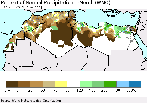 North Africa Percent of Normal Precipitation 1-Month (WMO) Thematic Map For 1/21/2024 - 2/20/2024