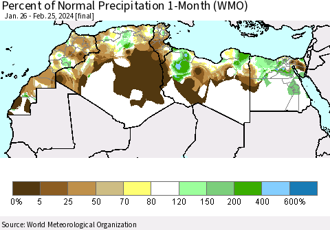 North Africa Percent of Normal Precipitation 1-Month (WMO) Thematic Map For 1/26/2024 - 2/25/2024