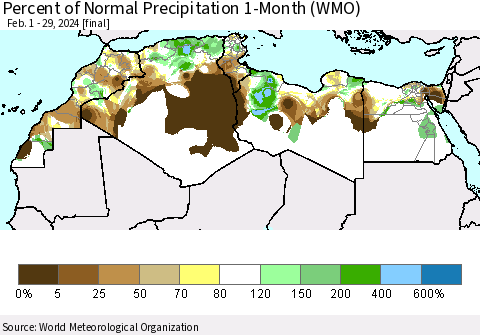 North Africa Percent of Normal Precipitation 1-Month (WMO) Thematic Map For 2/1/2024 - 2/29/2024