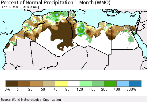 North Africa Percent of Normal Precipitation 1-Month (WMO) Thematic Map For 2/6/2024 - 3/5/2024