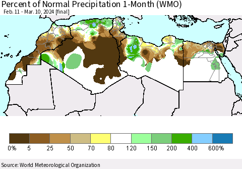 North Africa Percent of Normal Precipitation 1-Month (WMO) Thematic Map For 2/11/2024 - 3/10/2024