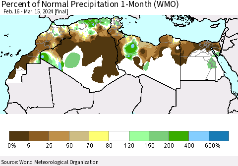 North Africa Percent of Normal Precipitation 1-Month (WMO) Thematic Map For 2/16/2024 - 3/15/2024