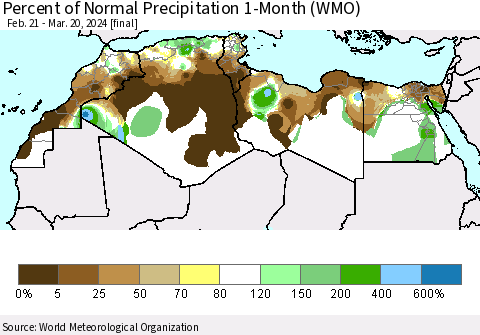 North Africa Percent of Normal Precipitation 1-Month (WMO) Thematic Map For 2/21/2024 - 3/20/2024