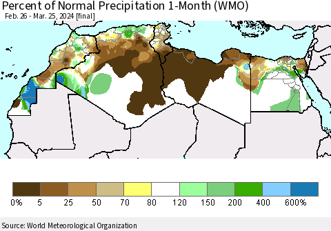 North Africa Percent of Normal Precipitation 1-Month (WMO) Thematic Map For 2/26/2024 - 3/25/2024