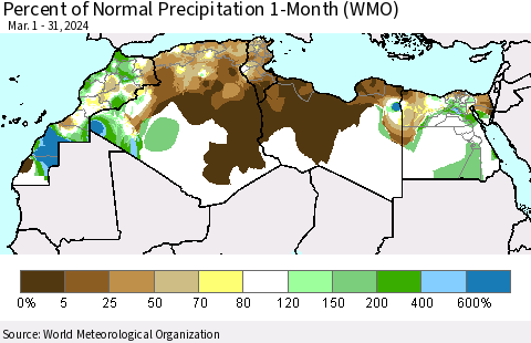 North Africa Percent of Normal Precipitation 1-Month (WMO) Thematic Map For 3/1/2024 - 3/31/2024
