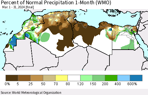 North Africa Percent of Normal Precipitation 1-Month (WMO) Thematic Map For 3/1/2024 - 3/31/2024