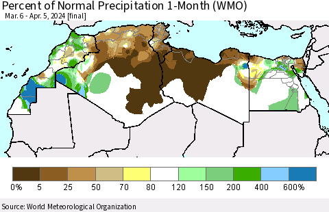 North Africa Percent of Normal Precipitation 1-Month (WMO) Thematic Map For 3/6/2024 - 4/5/2024