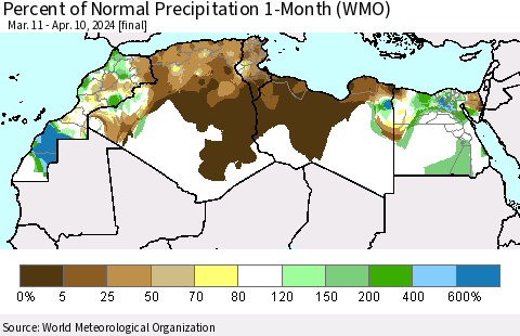 North Africa Percent of Normal Precipitation 1-Month (WMO) Thematic Map For 3/11/2024 - 4/10/2024