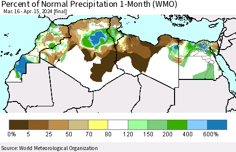 North Africa Percent of Normal Precipitation 1-Month (WMO) Thematic Map For 3/16/2024 - 4/15/2024
