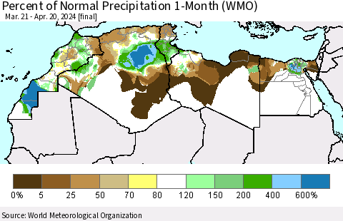 North Africa Percent of Normal Precipitation 1-Month (WMO) Thematic Map For 3/21/2024 - 4/20/2024