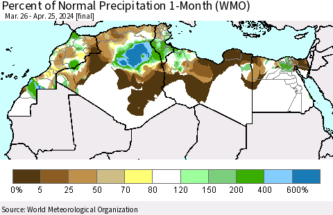 North Africa Percent of Normal Precipitation 1-Month (WMO) Thematic Map For 3/26/2024 - 4/25/2024