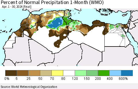 North Africa Percent of Normal Precipitation 1-Month (WMO) Thematic Map For 4/1/2024 - 4/30/2024