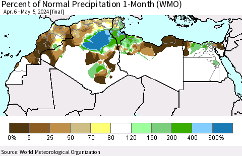 North Africa Percent of Normal Precipitation 1-Month (WMO) Thematic Map For 4/6/2024 - 5/5/2024