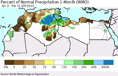 North Africa Percent of Normal Precipitation 1-Month (WMO) Thematic Map For 4/11/2024 - 5/10/2024