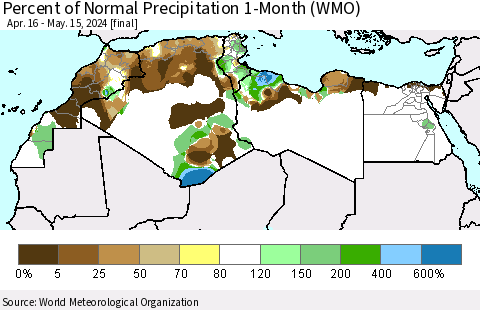 North Africa Percent of Normal Precipitation 1-Month (WMO) Thematic Map For 4/16/2024 - 5/15/2024