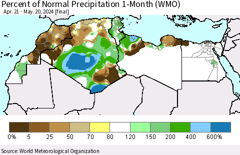 North Africa Percent of Normal Precipitation 1-Month (WMO) Thematic Map For 4/21/2024 - 5/20/2024