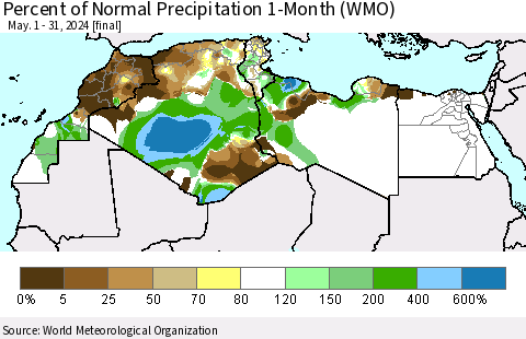 North Africa Percent of Normal Precipitation 1-Month (WMO) Thematic Map For 5/1/2024 - 5/31/2024