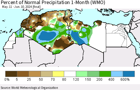 North Africa Percent of Normal Precipitation 1-Month (WMO) Thematic Map For 5/11/2024 - 6/10/2024