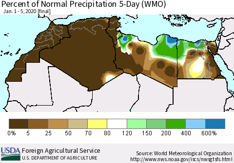 North Africa Percent of Normal Precipitation 5-Day (WMO) Thematic Map For 1/1/2020 - 1/5/2020