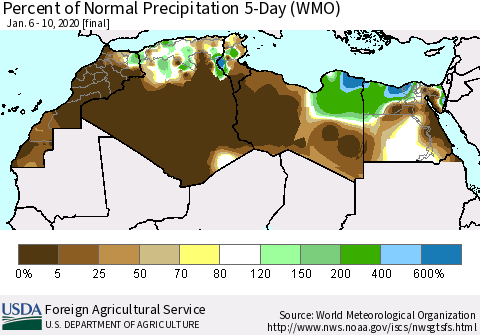 North Africa Percent of Normal Precipitation 5-Day (WMO) Thematic Map For 1/6/2020 - 1/10/2020