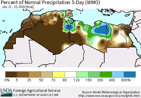 North Africa Percent of Normal Precipitation 5-Day (WMO) Thematic Map For 1/11/2020 - 1/15/2020