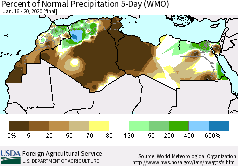 North Africa Percent of Normal Precipitation 5-Day (WMO) Thematic Map For 1/16/2020 - 1/20/2020