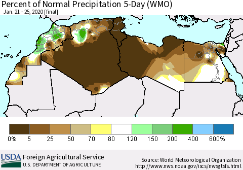 North Africa Percent of Normal Precipitation 5-Day (WMO) Thematic Map For 1/21/2020 - 1/25/2020