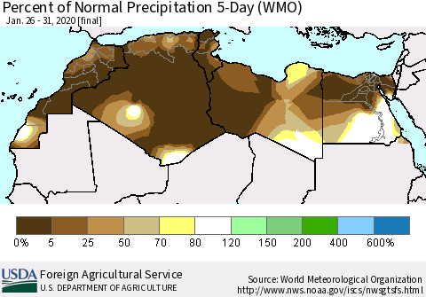 North Africa Percent of Normal Precipitation 5-Day (WMO) Thematic Map For 1/26/2020 - 1/31/2020