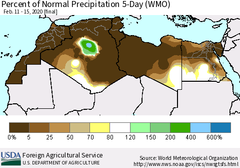 North Africa Percent of Normal Precipitation 5-Day (WMO) Thematic Map For 2/11/2020 - 2/15/2020