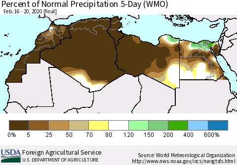 North Africa Percent of Normal Precipitation 5-Day (WMO) Thematic Map For 2/16/2020 - 2/20/2020