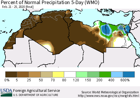 North Africa Percent of Normal Precipitation 5-Day (WMO) Thematic Map For 2/21/2020 - 2/25/2020