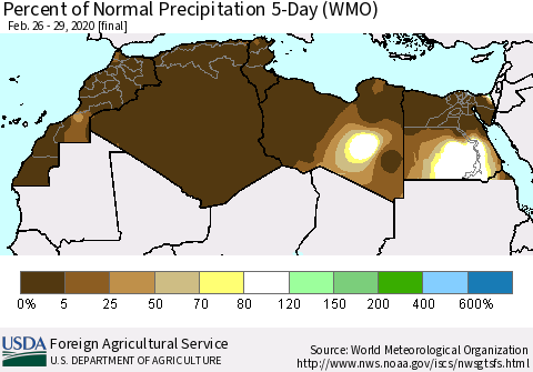 North Africa Percent of Normal Precipitation 5-Day (WMO) Thematic Map For 2/26/2020 - 2/29/2020