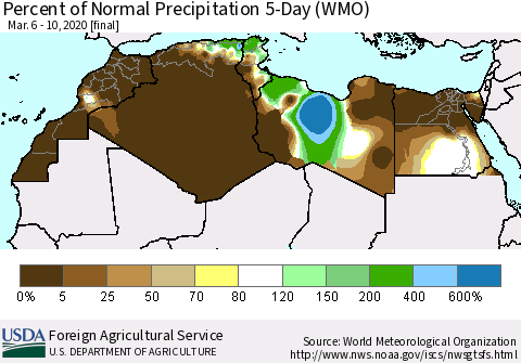 North Africa Percent of Normal Precipitation 5-Day (WMO) Thematic Map For 3/6/2020 - 3/10/2020