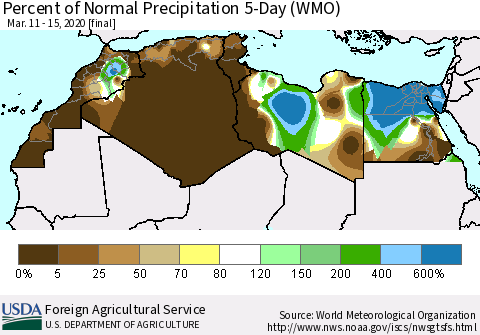 North Africa Percent of Normal Precipitation 5-Day (WMO) Thematic Map For 3/11/2020 - 3/15/2020